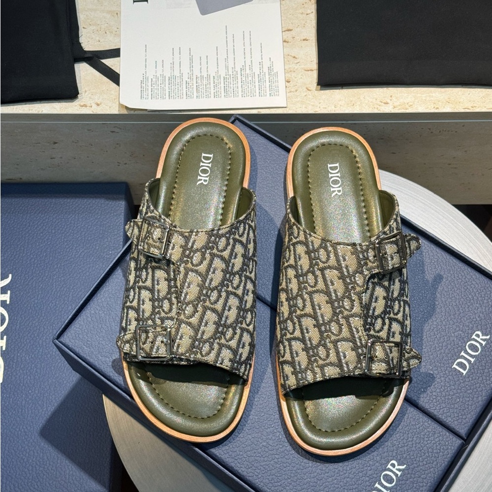Dior Monogram Slide Sandals in Olive and Beige - Picture 2 of 6